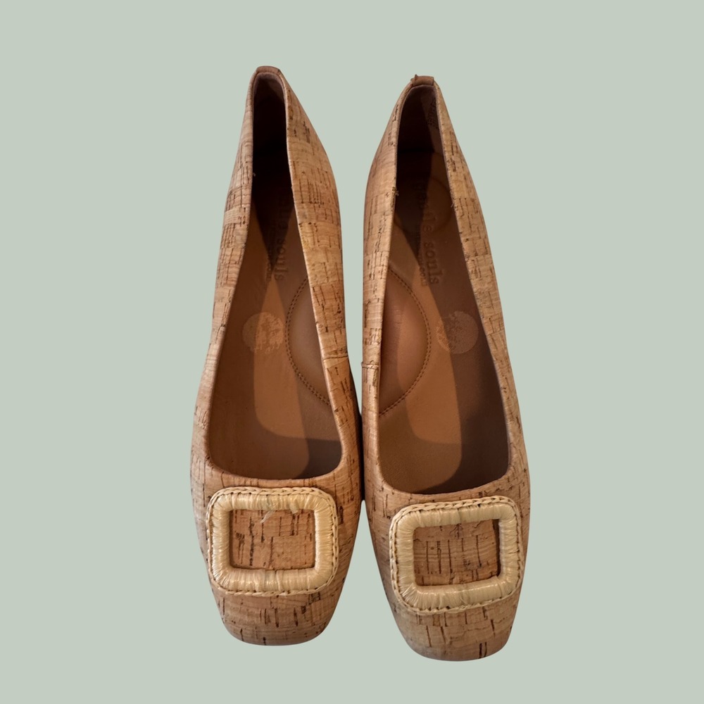 Gentle Souls Kenneth Cole Cork Square Toe Flats Woven Buckle Tan Women 8.5
